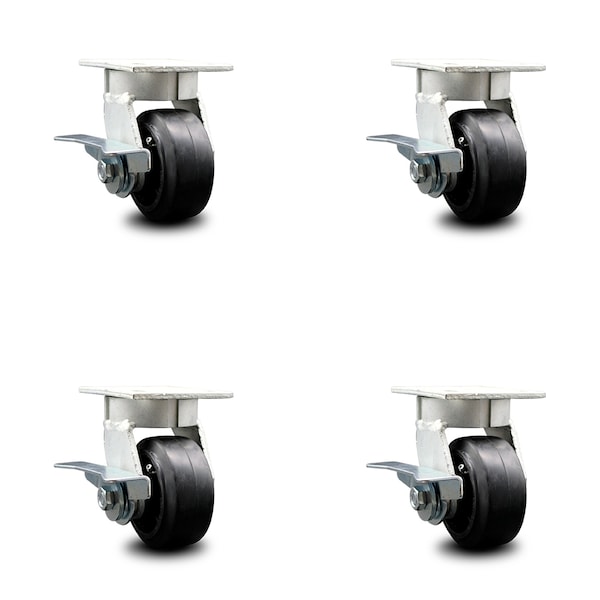 Service Caster 4 Inch Kingpinless Rubber on Steel Wheel Swivel Caster Set with Brakes SCC SCC-KP30S420-RSR-SLB-4 - main